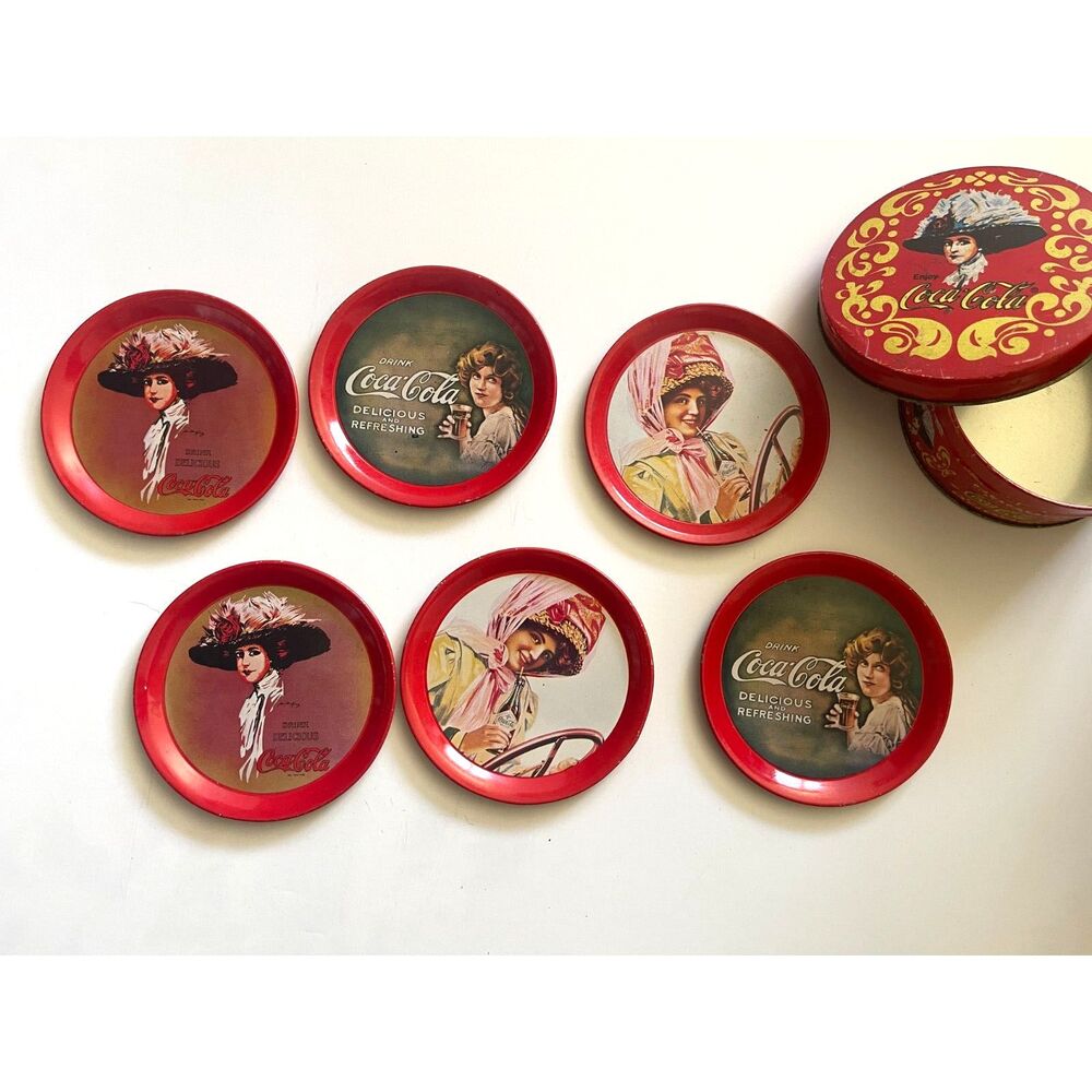 1993 Coca Cola Coasters Metal 3.5 Inch Tin Retro Drink Coke Vintage Lot of 6 Red